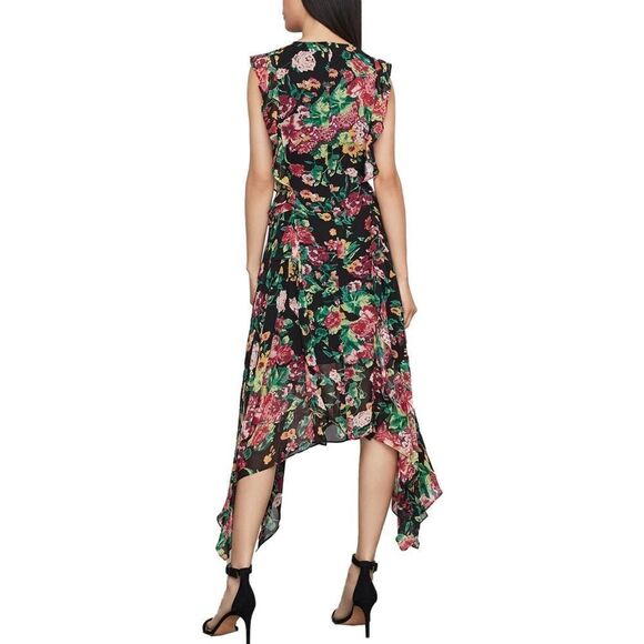 BCBGMaxAzria Sleeveless Floral Ruffled Asymmetrical Midi Cocktail Dress 6 - Picture 2 of 3